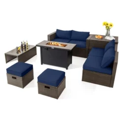 Tangkula 9 Pieces Outdoor Patio Furniture Set With 42" Propane Fire Pit Table Outdoor PE Wicker Space-Saving Sectional Sofa Set Black/Gray/Navy/Red/Turquoise/Off White -Beauty house GUEST 944f6c0e e32e 4980 8310 359094aa122d