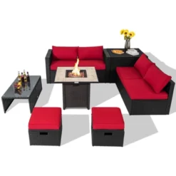 Tangkula 9 Pieces Outdoor PE Rattan Wicker Sectional Sofa With 42" Gas Fire Pit Table Space-Saving Patio Conversation Set With Storage Box Black/Grey/Navy/Red/Turquoise/Off White -Beauty house GUEST 945021a9 0e24 42e3 bc61 575fb46e13f6
