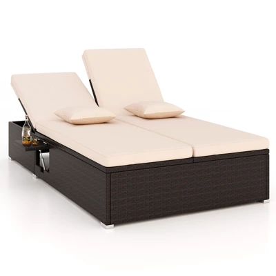 Tangkula Patio Double Chaise Lounge 6 Position Adjustable Wicker Recliner Bed With Cushions & Folding Side Trays 11 Tangkula Patio Double Chaise Lounge 6 Position Adjustable Wicker Recliner Bed With Cushions & Folding Side Trays - Image 9