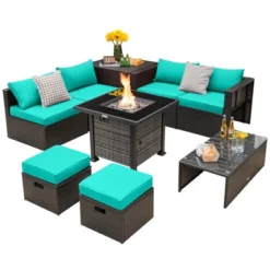 Tangkula 9 Pieces Furniture Set W/ 50,000 BTU Propane Fire Pit Table Patio Turquoise -Beauty house GUEST 94ca54ec 1020 4efc 90f1 659ba1dae2e0
