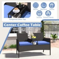 Tangkula Outdoor Rattan Loveseat 2-Seat Patio Conversation Set With Built-in Coffee Table Cushions Wicker Bench Furniture Blue -Beauty house GUEST 94de89aa 8c7a 4832 abb1 3f37340b275b