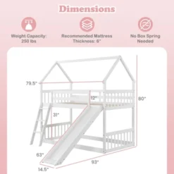 Tangkula Twin Over Twin House Bunk Bed W/ Slide Solid Wood Low Bunk Bed For Kids White -Beauty house GUEST 94e86718 b1e0 4ebd be47 b9fcdba50a2f