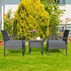 Tangkula 3 Pieces Patio Set Outdoor Wicker Rattan Furniture W/ Cushions Gray