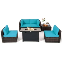 Tangkula 6 Pieces Outdoor PE Rattan Wicker Sectional Sofa With 42" 60,000 BTU Gas Fire Pit Table, Patio Conversation Set With Tempered Glass Coffee Table Black/Navy Blue/Red/Turquoise/Off White -Beauty house GUEST 950d093a dbda 458a bf44 a8246bcec32a