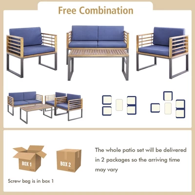 Tangkula 4PCS Acacia Wood Patio Conversation Set Outdoor Furniture Set W/ Navy Cushions 6 Tangkula 4PCS Acacia Wood Patio Conversation Set Outdoor Furniture Set W/ Navy Cushions - Image 4