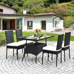 Tangkula 5PCS Patio Wicker Dining Set Outdoor Rattan Furniture Set W/ Cushion