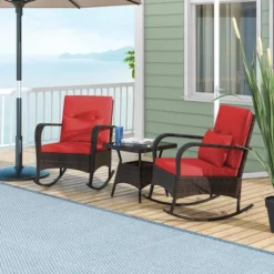 Tangkula 3 Piece Outdoor Rocking Set Rattan Rocker Chairs W/ Tempered Glass Coffee Table Red -Beauty house GUEST 9bcbb16e 1688 487f aeb2 7e4f9b122447