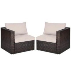 Tangkula 2PCS Rattan Corner Sofa Set Patio Outdoor Furniture Set W/ 4 Beige Cushions