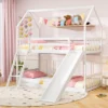 Tangkula Twin Over Twin House Bunk Bed W/ Slide Solid Wood Low Bunk Bed For Kids White -Beauty house GUEST 9dedfe09 266d 4950 a141 e1a8f8002b19