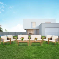 Tangkula 8PCS Patio Acacia Wood Furniture Set PE Rattan Conversation Set W/ Off White Cushions