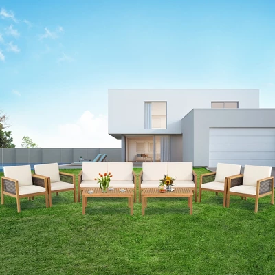 Tangkula 8PCS Patio Acacia Wood Furniture Set PE Rattan Conversation Set W/ Off White Cushions 3 Tangkula 8PCS Patio Acacia Wood Furniture Set PE Rattan Conversation Set W/ Off White Cushions