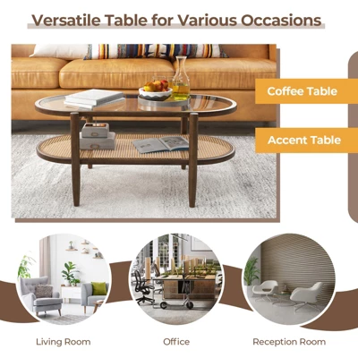 Tangkula 2-Tier Acacia Wood Coffee Table Mid-Century Modern Rectangular Center Table With Glass Tabletop And Imitation Rattan Storage Shelf 8 Tangkula 2-Tier Acacia Wood Coffee Table Mid-Century Modern Rectangular Center Table With Glass Tabletop And Imitation Rattan Storage Shelf - Image 6
