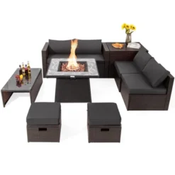 Tangkula 9 Pieces Outdoor Patio Furniture Set With 35" Propane Fire Pit Table Wicker Sectional Sofa Set W/ Storage Box Black/Gray/Navy/Red/Turquoise/Off White -Beauty house GUEST 9ebbb721 c1c8 4bae 8876 8d2271505323