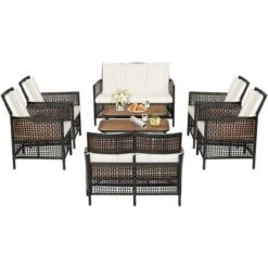 Tangkula 8PCS Cushioned Patio PE Wicker Conversation Furniture Set W/ Acacia Wood Tabletop -Beauty house GUEST 9f23d15d 9e6b 4b13 b5a9 2db671551548