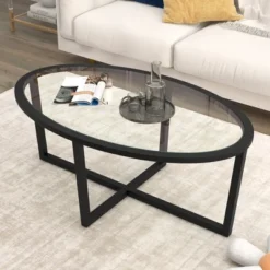 Tangkula Modern Glass Coffee Table W/ Cross Base & Acacia Wood Legs For Small Spaces