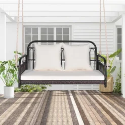 Tangkula Wicker Porch Swing 2-Person Outdoor Patio Hanging Chair W/ Cushions Mix Brown -Beauty house GUEST a03baa9b acf0 4886 8e8d 38deac598024