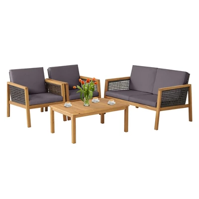 Tangkula 4PCS Patio Acacia Wood Furniture Set PE Rattan Conversation Set W/ Grey Cushions 11 Tangkula 4PCS Patio Acacia Wood Furniture Set PE Rattan Conversation Set W/ Grey Cushions - Image 9