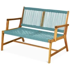 Tangkula 2-Person Outdoor Acacia Wood Bench Patio Loveseat Rope Bench Turquoise/Black -Beauty house GUEST a19128d6 fdba 43f9 b320 bfd2619e9b30