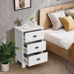 Tangkula End Table Nightstand Bedroom Storage W/ 3 Drawers & Wood Slide White -Beauty house GUEST a3bdb058 52c4 4fd3 9392 163046d80a43