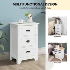 Tangkula End Table Nightstand Bedroom Storage W/ 3 Drawers & Wood Slide White -Beauty house GUEST a3e02b62 576b 4e16 b177 c120dbe141c4