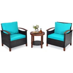Tangkula 3-Piece Patio Rattan Bistro Set Acacia Wood Frame Sofa And Side Table -Beauty house GUEST a57d028e f625 4daf 8dfa e683e5936e7b