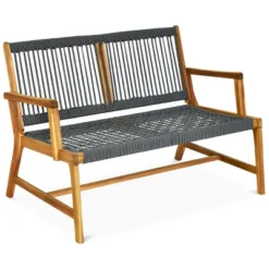 Tangkula 2-Person Outdoor Acacia Wood Bench Patio Loveseat Rope Bench Grey -Beauty house GUEST a5fcc7d9 918f 47ad ab96 8b80447f77e7