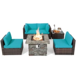 Tangkula Patio Rattan 6PCS Cushioned Sofa Set Furniture Set Thick Cushion With 34.5" Fire Pit Table For Garden Black/Blue/Red/Turquoise/Off White -Beauty house GUEST a6cef7f4 7966 4c25 b355 f914ae82b92a