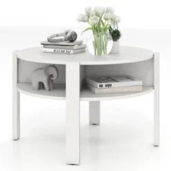 Tangkula Round Coffee Table With 4 Side Compartments 2-Tier Circle Coffee Table -Beauty house GUEST a817e657 d95e 43d9 9e69 b0e4d3e1f752