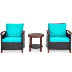 Tangkula 3-Piece Patio Rattan Bistro Set Acacia Wood Frame Sofa And Side Table -Beauty house GUEST a96fa3c3 fff4 448c a435 e788d6d03655