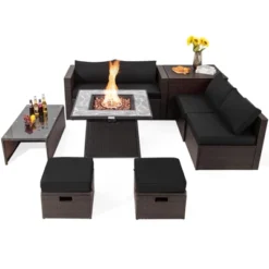 Tangkula 9 Pieces Outdoor Patio Furniture Set With 35" Propane Fire Pit Table Wicker Sectional Sofa Set W/ Storage Box Black/Gray/Navy/Red/Turquoise/Off White -Beauty house GUEST a9b1e28f 5503 4982 8e55 fbb8707e63d4