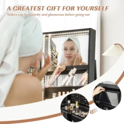 Tangkula 360° Rotating Mirrored Jewelry Cabinet Armoire 3 Color LED Modes Lockable Black -Beauty house GUEST aa7ff2e4 dfbd 4439 b413 fff75d3ec04b