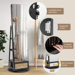 Tangkula 360° Swivel Jewelry Cabinet W/ Mirror Jewelry Storage Organizer Built-in Lights Black -Beauty house GUEST aadcfcef ab90 49ad 9d6d 6fdd16a63056