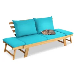Tangkula Adjustable Patio Sofa Daybed Acacia Wood Furniture W/ Navy & Turquoise Sets Cushion -Beauty house GUEST abbb18e1 12f1 48ca 8735 3ce24a1f38fe