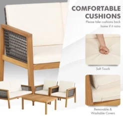 Tangkula 8PCS Patio Acacia Wood Furniture Set PE Rattan Conversation Set W/ Off White Cushions 18 Tangkula 8PCS Patio Acacia Wood Furniture Set PE Rattan Conversation Set W/ Off White Cushions -Beauty house GUEST abe90657 a24f 48cb 9c9c 62e6088ea011