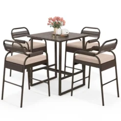Tangkula 5-Piece Patio Rattan Counter Set Counter Height Square Table W/ 4 Wicker Counter Stools -Beauty house GUEST ac568434 24a7 437b 801b 4d39bdb05d47
