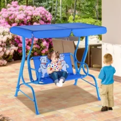 Tangkula Kids Patio Porch Bench Swing W/ Safety Belt Canopy Outdoor Furniture Blue -Beauty house GUEST acbd5678 8734 4e4a abb9 37452ecde83a