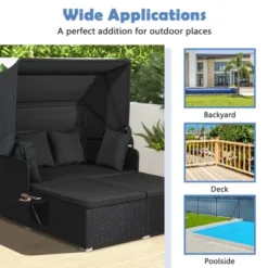 Tangkula Patio Rattan Daybed With Retractable Canopy Wicker Sun Lounger With 2 Foldable Side Panels Thick Seat & Back Cushions -Beauty house GUEST ad06c947 fcf4 44ba b6e3 349f5a29423e