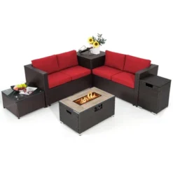 Tangkula 6 Piece Patio Sofa & Fire Table Set Outdoor Rattan Sectional Sofa Set W/ Storage Box Red -Beauty house GUEST ad674a83 a0b5 498c b73d 90ae0f6f815a