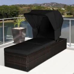 Tangkula Rattan Patio Chaise Lounge Chair W/ Adjustable Canopy Black Cushion