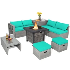 Tangkula 9 Pieces Outdoor Patio Furniture Set W/ 32" Propane Fire Pit Table Sectional Sofa Set W/ Storage Box Black/Gray/Navy/Red/Turquoise/Off White -Beauty house GUEST adda2675 f944 4a13 bda9 cb5fe7f8d3e0