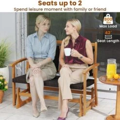 Tangkula Patio Rattan Glider Bench Swing Gliding Rocker For 2 W/ Acacia Wood Frame -Beauty house GUEST ae08af97 e4ba 4818 a90f d074eaa23958