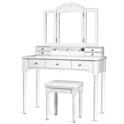 Tangkula 7 Drawers Tri-Folding Vanity Mirror Makeup Dressing Table Set W/ Necklace Hook -Beauty house GUEST ae27b0b2 c6bf 4ee8 b8b2 e4b9a315a001
