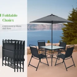 Tangkula 6-Piece Patio Dinning Sets Garden Table Set Outdoor Folding Chairs & Glass Table Set W/ Umbrella Grey -Beauty house GUEST ae55a43f 631a 451b 8692 3ae3bf155193