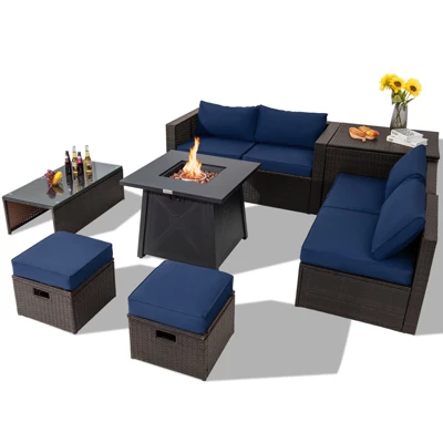 Tangkula 9PCS Outdoor Patio Furniture Set With 30" Propane Fire Pit Table PE Wicker Space-Saving Sectional Sofa Set W/ Storage Box & Cushions 14 Tangkula 9PCS Outdoor Patio Furniture Set With 30" Propane Fire Pit Table PE Wicker Space-Saving Sectional Sofa Set W/ Storage Box & Cushions - Image 12