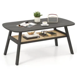 Tangkula 2-Tier Coffee Table W/ Rattan Storage Shelf & Rubber Wood Legs For Living Room -Beauty house GUEST aeb8fb24 5fda 4ad7 9206 3065f491ef67