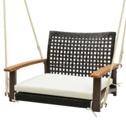 Tangkula Rattan Porch Swing Patio Wicker Single Hanging Seat W/ Seat Cushion & Acacia Wood Armrests -Beauty house GUEST af8b72d6 d6c7 4ff9 92eb 4596b27fa6d8