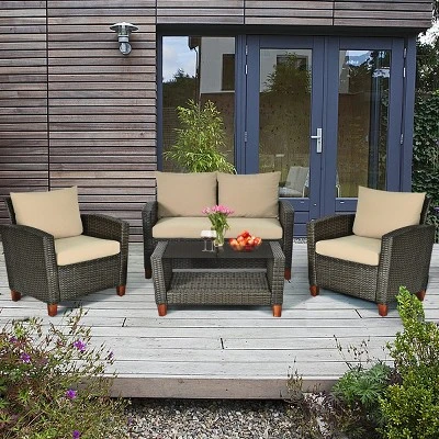 Tangkula 4PCS Cushioned Rattan Conversation Set W/ Coffee Table Patio Outdoor 4 Tangkula 4PCS Cushioned Rattan Conversation Set W/ Coffee Table Patio Outdoor - Image 2
