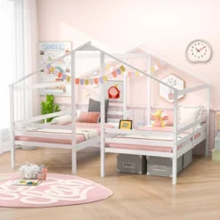 Tangkula Double Twin Size Bed Frames For Kids With Built-in Table & USB Port Guardrails -Beauty house GUEST b1da9e00 cf40 46fc a85a bf740858b4f8