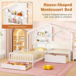 Tangkula Twin Size House Bed Kids Platform Bed W/ Padded Bench & Floating Shelves -Beauty house GUEST b2ab29eb c173 465a 8597 f108744afa19