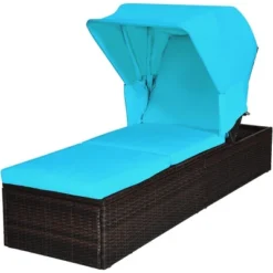 Tangkula Rattan Patio Chaise Lounge Chair W/ Adjustable Canopy Turquoise Cushion -Beauty house GUEST b3208fb6 bda5 4959 b2fb cab2d25aba92